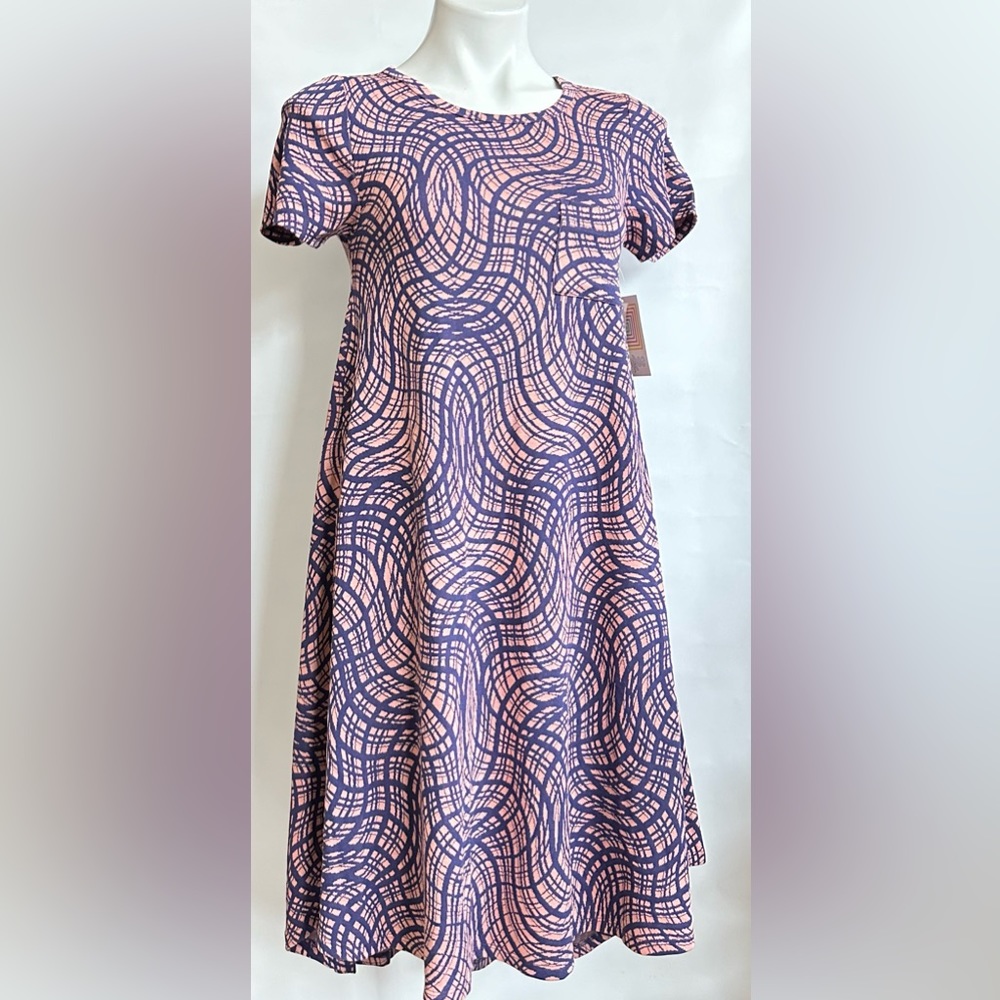 NWT LuLaRoe Women CARLY Dress XXS Pocket Swing Pink Purple Swirls Stretch Hi-Low